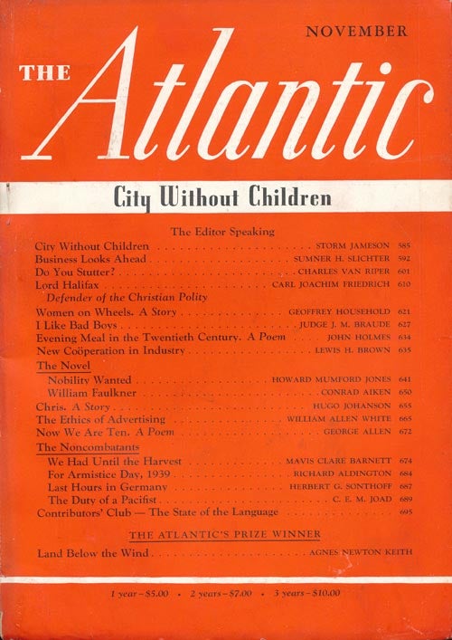 [Item #80] The Atlantic Monthly - November 1939. Conrad Aiken, George Allen, Hugo Johanson.