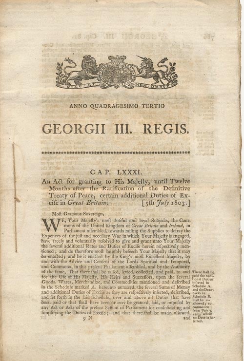 [Item #41067] Anno Quadragesimo Tertio. GEORGEII III. REGIS. CAP. LXXXI. an Act for Granting to His Majesty, Until Twevle Months after the Ratification of the Definitive Treaty of Peace, Certain Additional Duties of Excise in Great Britain (5th July 1803).
