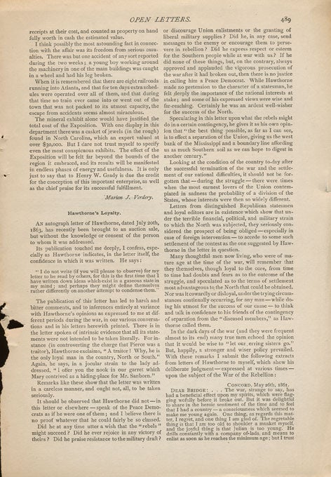 [Item #45795] Hawthorne's Loyalty in Century Magazine January 1888. Nathaniel Hawthorne, Horatio Bridge.