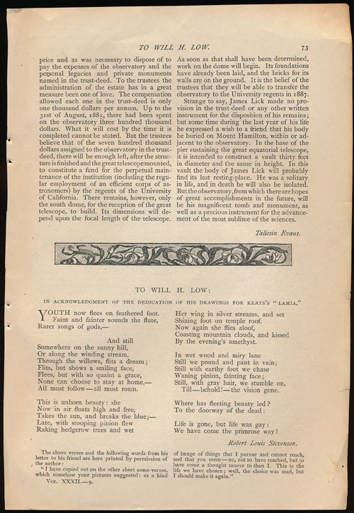 [Item #59772] "To Will H. Low" in Acknowledgment of the Dedication of His Drawings for Keats's Lamia. A Poem in the Century Illustrated Monthly Magazine, May 1886. Robert Louis Stevenson.