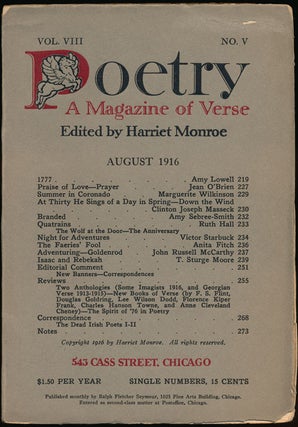 Item #59973] Poetry: a Magazine of Verse August, 1916. Amy Lowell, Jean O'Brien, Ruth Hall