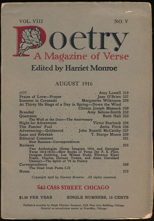 [Item #59973] Poetry: a Magazine of Verse August, 1916. Amy Lowell, Jean O'Brien, Ruth Hall.