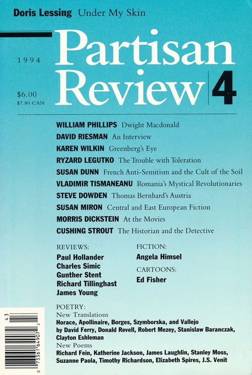 [Item #60226] Partisan Review 4 1994, Volume LXI, Number 4. Elizabeth Spires, Susan Dunn, Steve Dowden, Cushing Strout, Etc.