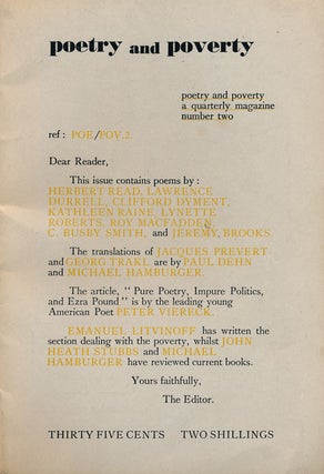Item #61108] Poetry and Poverty: Number 2. Lawrence Durrell, Herbert Read, Kathleen Raine, Jeremy...