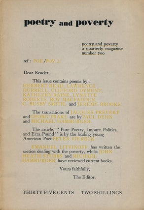 Item #61110] Poetry and Poverty: Number 2. Lawrence Durrell, Herbert Read, Kathleen Raine, Jeremy...