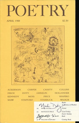 Item #66333] Poetry, , Volume CLII, Number 1, April 1988. Richard Wilbur, X. J. Kennedy, John...