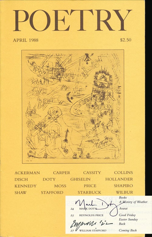 [Item #66333] Poetry, , Volume CLII, Number 1, April 1988. Richard Wilbur, X. J. Kennedy, John Hollander, Tom Disch, Billy Collins, Mark Doty, Reynolds Price, Karl Shapiro, Diane Ackerman.