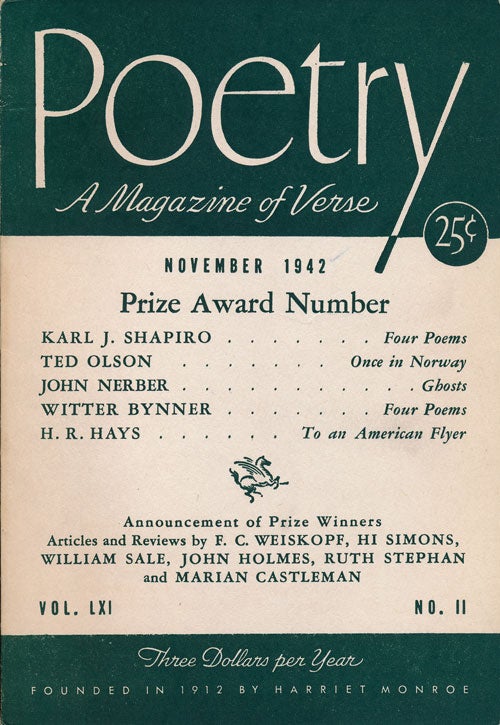 [Item #66398] Poetry, Volume LXI, No. 11, November 1942 A Magazine of Verse. Karl J. Shapiro, Ted Olson.