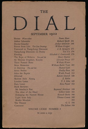 Item #67254] The Dial, September 1922 Volume LXXIII, Number 3. Arthur Schnitzler, Henri Matisse,...